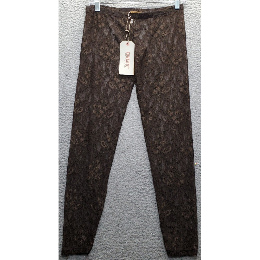 Kontatto Leggings Womens S Brown Sheer Lace Floral Stretch Skinny Leg Pull On